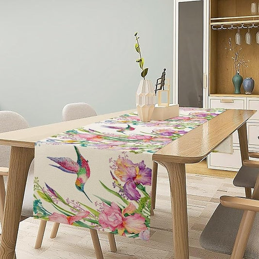 Hummingbird Table Runner,Pink Floral Country Style Table Runner for Kitchen Dining Table Home Party Decoration 13x36 Inch