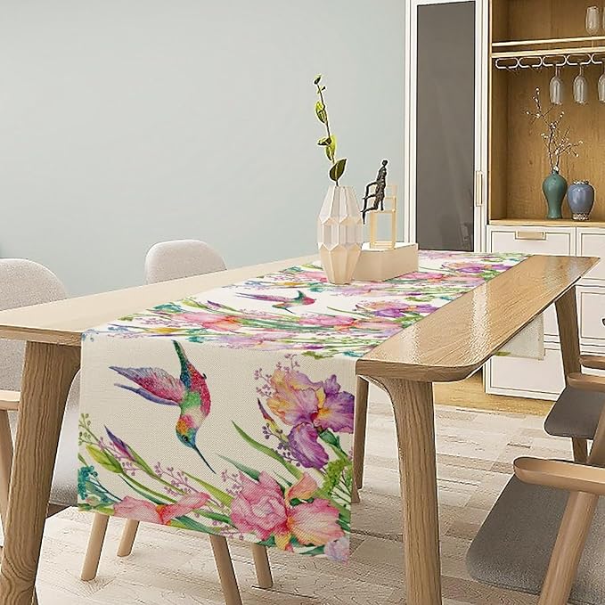 Hummingbird Table Runner,Pink Floral Country Style Table Runner for Kitchen Dining Table Home Party Decoration 13x108 Inch
