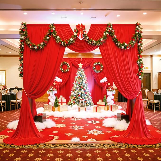 PartyVillage 50ft×15ft Red Backdrop Curtain for Wedding Parties, 10 Panels Wrinkle Free 15 FT Long Polyester Photo Backdrop Drapes Back Drop Cloth for Birthday Photography Background