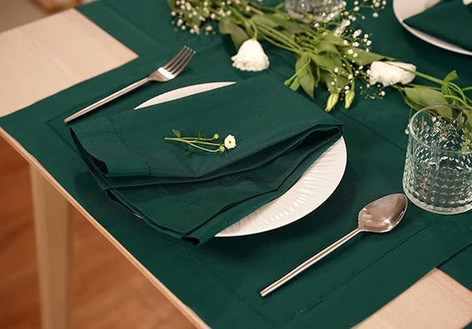 100% Pure Linen Green Napkins 20 x 20 Inch - Hemstitch Christmas Dinner Napkins Set of 4 - Cloth Fabric Napkins for Thanksgiving, Winter, New Year - Elara