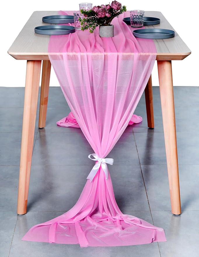 MDS 5 Pack 10ft Chiffon Table Runner 29 x 120 Inches Sheer Wedding Runner Romantic Rustic Table Runner for Wedding Decorations, Birthday Parties, Bridal Shower Party Arch Decor - Bubblegum Pink
