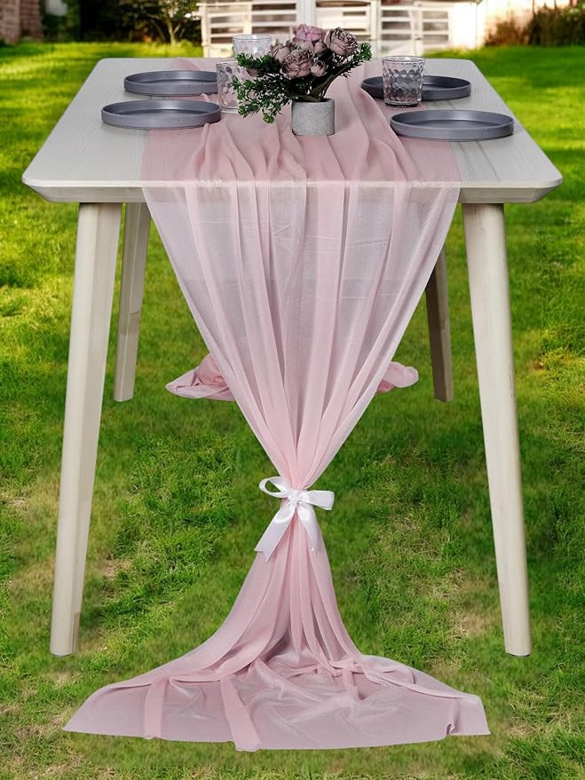 MDS 10 Pack 10ft Chiffon Table Runner 29 x 120 Inches Sheer Wedding Runner Romantic Rustic Table Runner for Wedding Decorations, Birthday Parties, Bridal Shower Party Arch Decor - Blush Pink