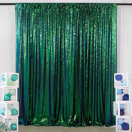 ShinyBeauty Iridescent Green Sequin Backdrop 10FTx10FT Photo Backdrops Green Blue Curtains 10FT Shimmer Fabric Backdrop Christmas, Happy Birthday, Studio Backgrounds