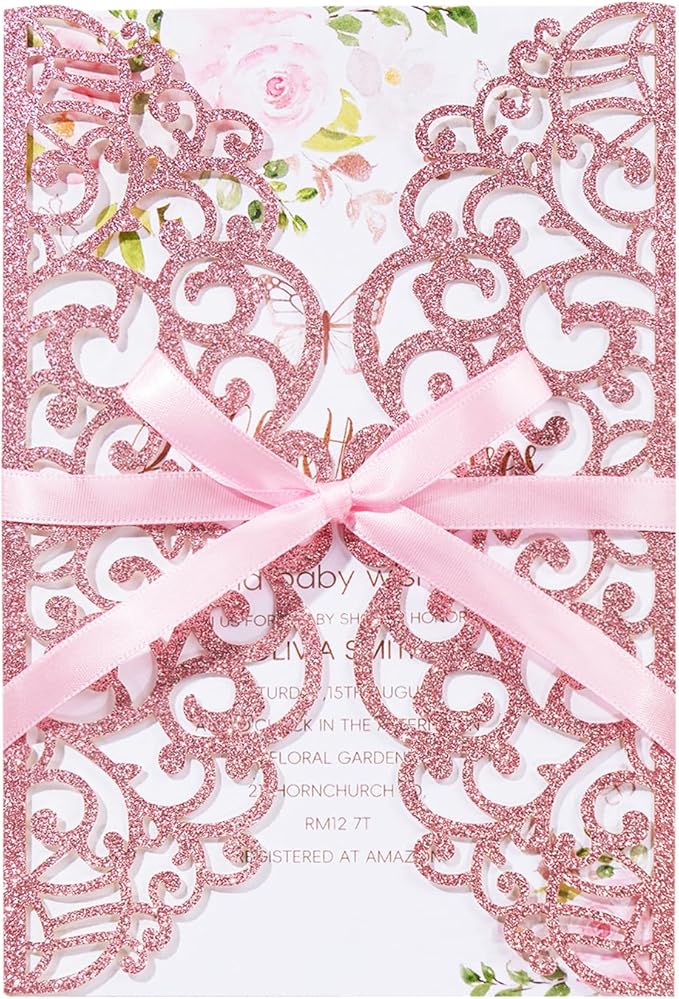 25pcs Glitter Laser Cut Wedding Invitation Kits Pink Personalized Invitation Pockets 5×7 Invitations with Envelopes and RSVP Cards Blank for Wedding Quinceanera Bridal Shower Engagement Birthday Party