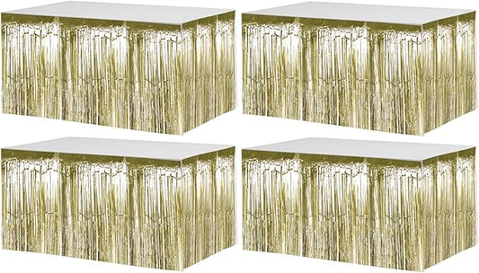4 Pack 29x108 Inch Metallic Foil Fringe Tinsel Table Skirts for Rectangle Tables Streamer Backdrop for Wedding, Birthday, Parade Floats, Christmas, Halloween Party Decoration(Light Gold)