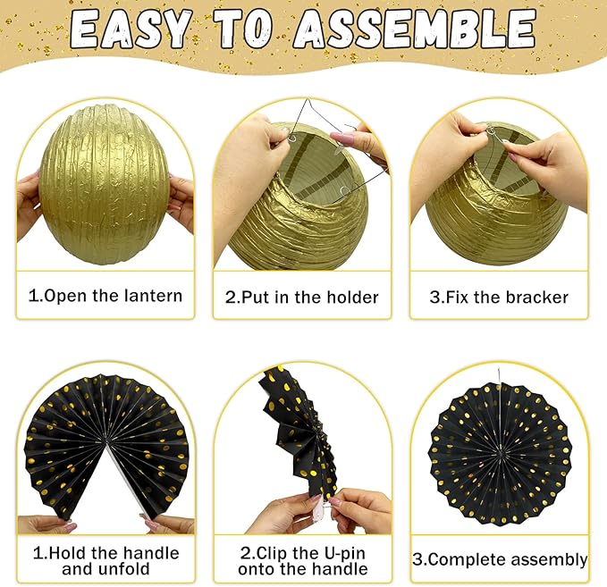 14Pcs Black and Gold Party Decorations, Hanging Paper Lanterns Fans Tissue Flower Pom Poms for Men Birthday Graduation Retirement New Years Decorations New Years Eve Party Supplies 2026