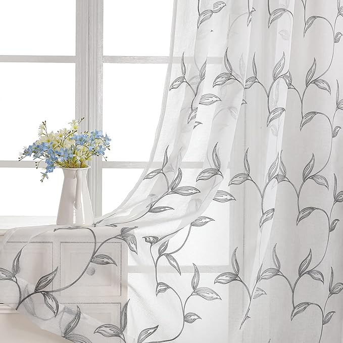 VISIONTEX Sheer Curtains 95 Inch Length 2 Panels, Decor Iron Grey Vine Leaves Embroidery on White Voile Pair, Accent Semi Window Drapes for Kitchen, Living Room and Bedroom, 54" W x 95" L