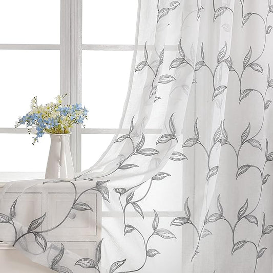 VISIONTEX Sheer Curtains 95 Inch Length 2 Panels, Decor Iron Grey Vine Leaves Embroidery on White Voile Pair, Accent Semi Window Drapes for Kitchen, Living Room and Bedroom, 54" W x 95" L