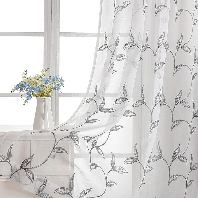 VISIONTEX Sheer Curtains 72 Inch Length 2 Panels, Decor Iron Grey Vine Leaves Embroidery on White Voile Pair, Accent Semi Window Drapes for Kitchen, Living Room and Bedroom, 54" W x 72" L
