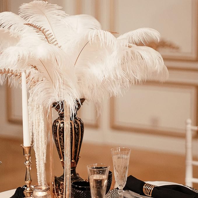 Hanaive 150 Pcs Ostrich Feathers Set Bulk Plumes 12-14 Inch (30-35cm) 70 Pcs Large Ostrich Feathers with 80 Sticks and Tape for DIY Crafts Wedding Home Party Centerpiece Decorations(White)
