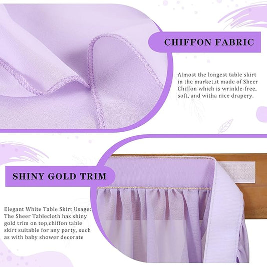QueenDream 14ft Lavender Chiffon Table Skirt Purple Sheer Tablecloth for Rectangle Tables for Baby Shower Birthday Party Decorations