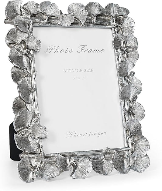 Cuspin Silver 5x7 Picture Frame, Vintage Silver Ornate Leaf Textured Hand-Crafted Resin Frames with Glass Front, Antique Photo Frame for Tabletop Display, Retro Design Home Decor
