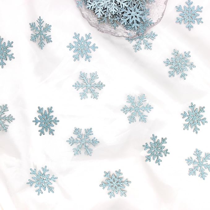 200PC Blue Glitter Snowflake Confetti Winter Wonderland Table Decorations Snowflakes Table Scatter for Christmas Birthday Baby Shower Party Decor Supplies