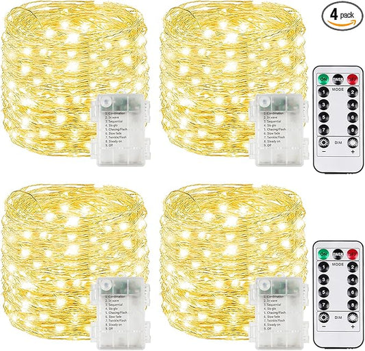 4 Pack Each 33FT 100LED Fairy Lights Battery Operated with Remote, Waterproof Twinkle Lights with Timer, Cuttable String Light Indoor & Outdoor for Bedroom Classroom Wedding DIY Christmas (Warm White)