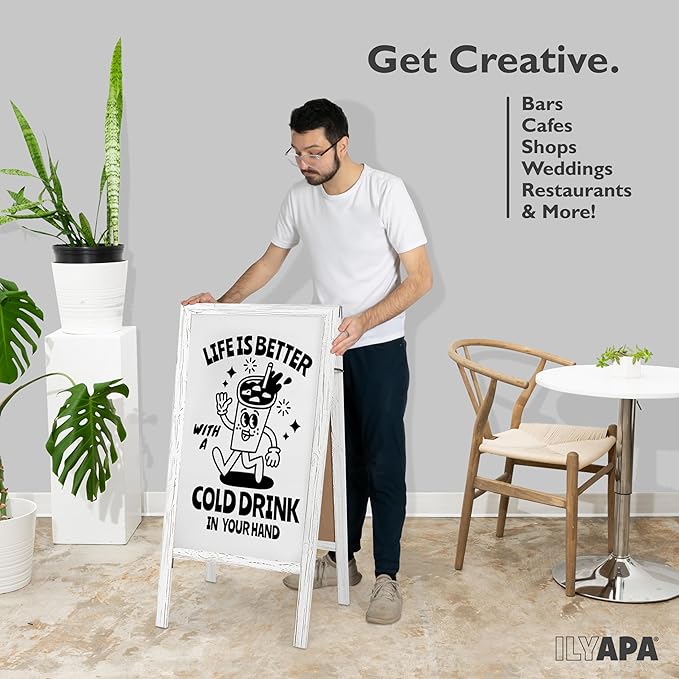 Ilyapa Wooden A Frame Whiteboard Sign - Magnetic Dry Erase Sidewalk Menu Board - Sturdy Freestanding Sandwich Board Signs Outdoor Menu Display for Restaurant, Business, Trade Show - 40 x 20 Inch