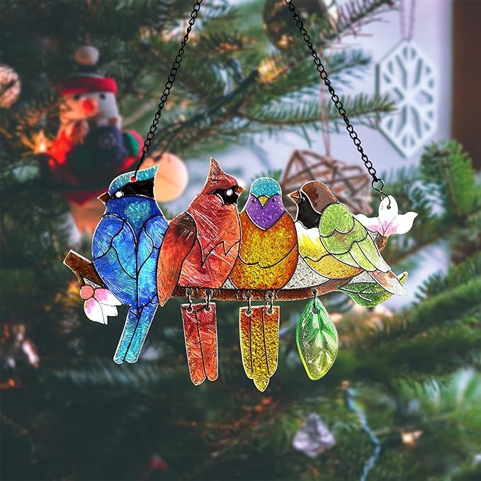 Stained Glass Window Hanging - Hummingbird on Branch Suncatcher Hand-Painted Double Side Stain Glass Cardinal Gifts Sun Catcher for Windows Doors Room Outdoor Home Decoration