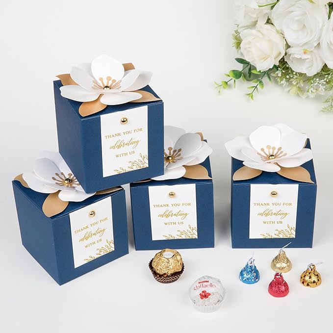 FEIYI 20 PCS Navy Blue Gift Boxes, 3 In 1 Favor Boxes with Floral Decor, White Thank You Tags Cupcake Containers Gift wrapping for Wedding, Baby Shower, Birthday, Decorations Party - 3.55x3.55x3.55