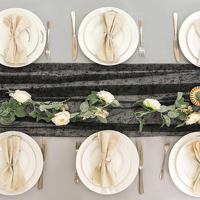 Snowkingdom Black Table Runner, 10FT Sheer Tulle Cheesecloth Gauze Metallic Mesh Foil Table Decoration for Halloween, Party, and Christmas