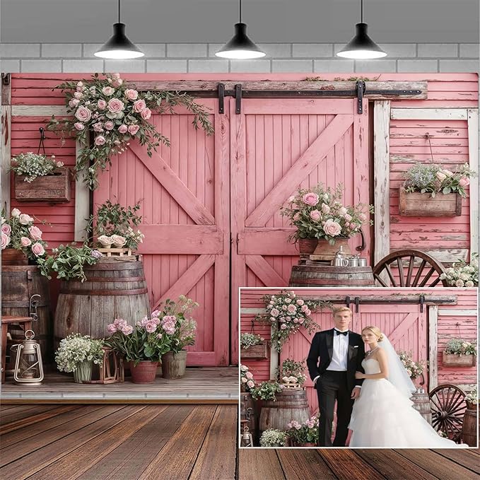 20x10ft Country Wedding Pink Photography Backdrop Rustic Wooden Door Photography Backdrop Farmhouse Flower Western Girl Birthday Baby Shower Wedding Bridal Party Banner Photo Booth Props Background