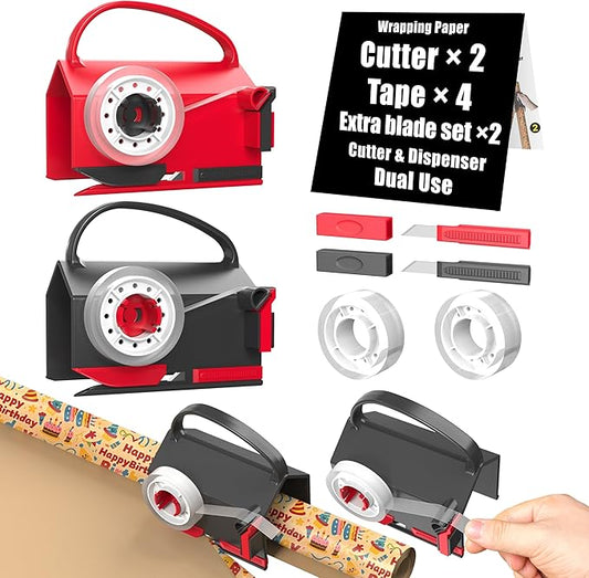 (2-Pack) Wrapping Paper Cutter & Tape Dispenser Dual Use with 4 Tapes，2 Replace Blades Kit for Christmas Gift Wrap Cutter Tool Paper Roll Holder Tube Sliding Slicing for Birthday Holiday.
