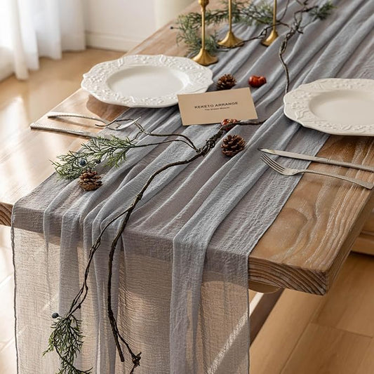 6pcs Dusty Blue Gauze Rustic Cheesecloth Table Runner 120 Inch 10 FT for Wedding Baby Shower Bridal Shower Birthday Engagement Garden Outdoor Party Long Sheer Boho Decorations