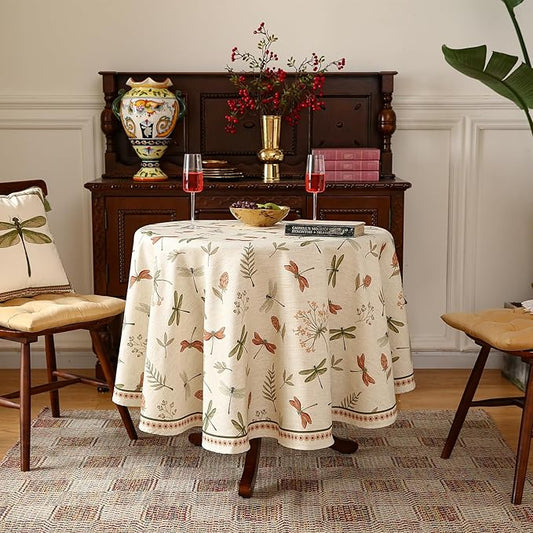 ISAENNE Designer Floral Linen Small Round Tablecloth,French Off White Elegant Table Cloth,Washable Home Decor Tablecloths for Dining Thanksgiving Kitchen Christmas Party,Diameter 55"-Grace B