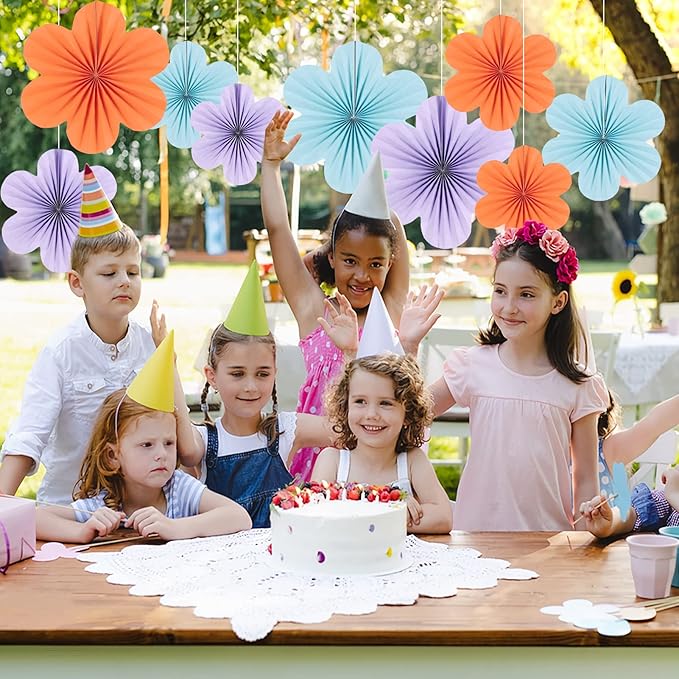 Paper Flowers Decorations for Wall Blue Paper Fans Classroom Decoration Floral Backdrop Decor Hanging Pink Flower Wall Decor, Set of 9