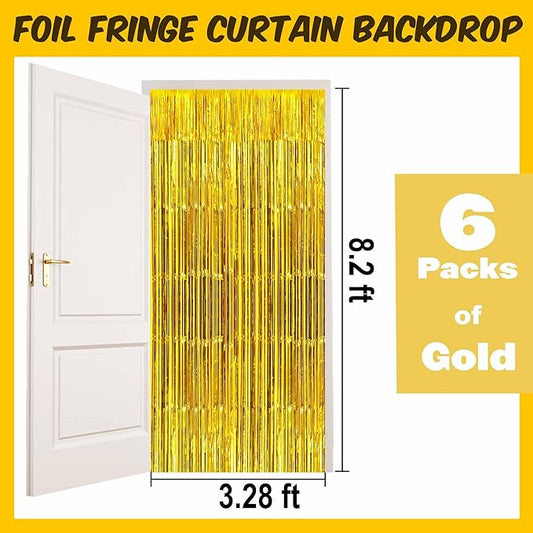 6 Pack Gold Foil Fringe Curtains Backdrop, 3.28 x 8.2 Ft Metallic Streamers Tinsel Curtains Background for Photo Booth, Birthday, Weddings, Carnivals, Graduation, Themed Party Decorations
