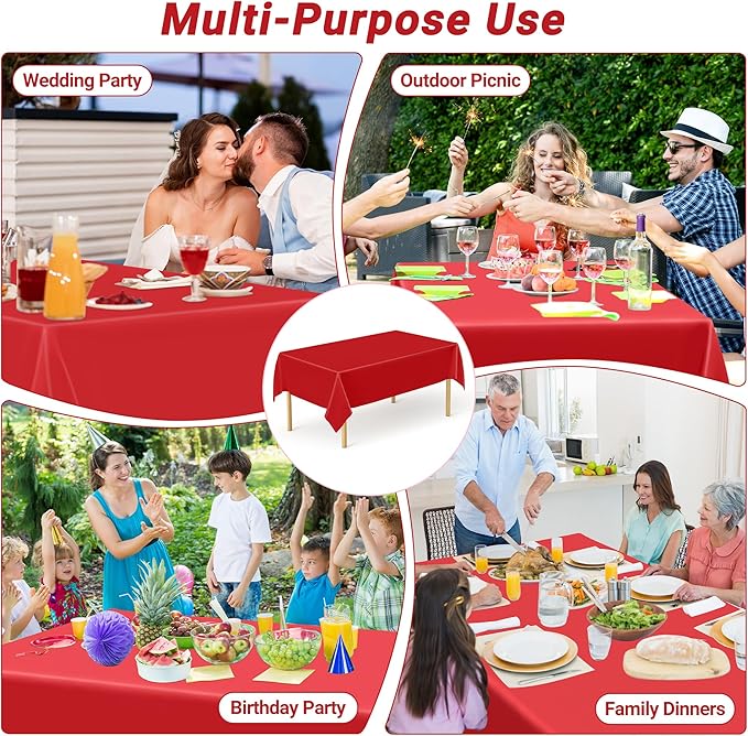 QZYL 4 PCS Picnic Table Cover, 54 x 108 in Rectangle Tablecloth, Red Table Cloth Indoor Outdoor for Baptism Decorations, Waterproof Plastic Tablecloth for Birthday, Wedding and Anniversary