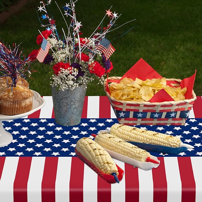 QZYL 4 Pack 4th of July Tablecloths, 54" x 108" Patriotic Plastic Table Cover, Rectangle Red White and Blue Tablecloth American Tablecover, Fourth of July Decorations Memorial Day Party Supplies