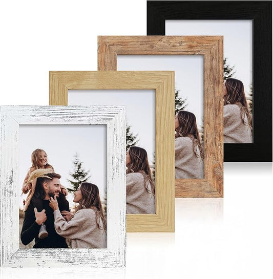 5x7 Picture Frame Set of 4, High Definition Real Glass 5 x 7 Photo Frames for Desktop Display and Wall Mounting(Distressed White+Oak+Rustic Brown+Black)