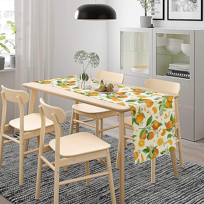 Spring Summer Orange Table Runner Vintage Citrus Lemon Fruit Mandarin Floral Dinner Runner for Farmhouse Baby Shower Party Holiday Home Kitchen Dining Table Decor 13x108