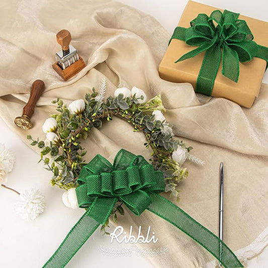 Ribbli Emerald Green Burlap Wired Ribbon, 1” Inch x Continuous 20 Yard, Green Wired Ribbon for Wreaths,Big Bows,Tree Decoration,Outdoor Decoration