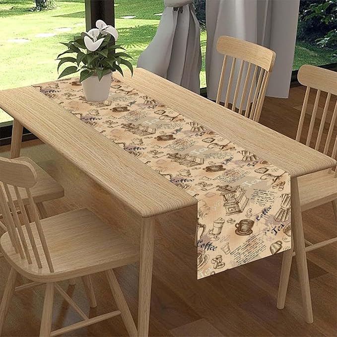 Coffee Theme Table Runner, Rustic Farmhouse Coffee Cup Tea Party Cafe Table Center Decor for Home Kitchen Dining Patio Holiday Party Indoor Outdoor Table Decorations,13"x36" Inch