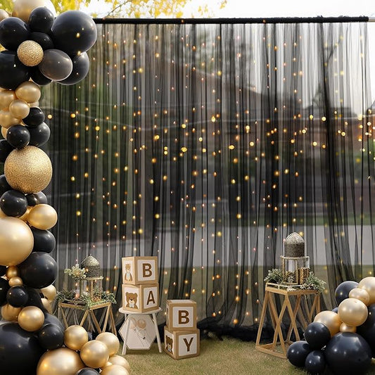 10×10ft Black Tulle Backdrop Curtain with Lights String for Parites, Sheer Photo Backdrop Curtains for Wedding Party Photography Background