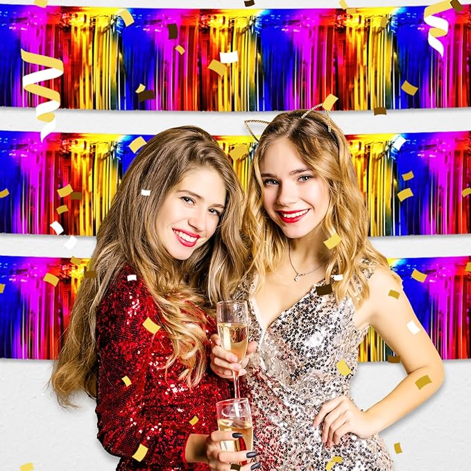 4 Pack 10 Feet Rainbow Foil Fringe Garland Metallic Tinsel Streamers Banner Wall Hanging Curtain Backdrop for Parade Floats, Wedding, Graduate, Mother's Day, Birthday Party Decoration
