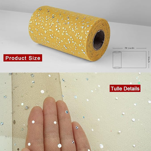 Glitter Tulle Rolls, 6” by 50 Yards (150FT) Sequin Tule Netting Fabric Tulle for Tutu Skirts Sewing Birthday Wedding Party Decoration (Gold)