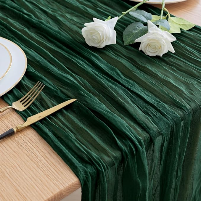 Asee'm Fall Table Runner Cheesecloth 10FT Emerald Green Boho Gauze Fabric Rustic Sheer Cheese Cloth Runners for Thanksgiving Wedding Bridal Shower Party Decoration