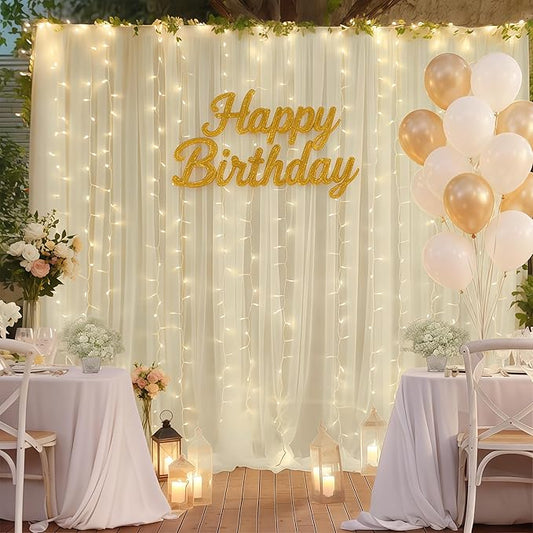 10×10ft Cream White Tulle Backdrop Curtain with Lights String for Parites, Sheer Photo Curtain Backdrop Drapes for Wedding Party Photography Backgrounds