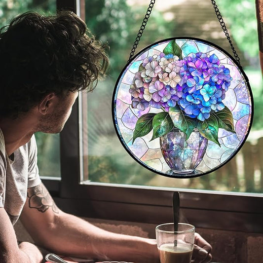 Stained Glass Window Hanging, Blue Purple Hydrangea Flowerpot Suncatcher for Doors Home Sun Catchers Decoration and Christmas, Mother's Day Birthday Gifts for Women, Men, and Mom 7.8 in