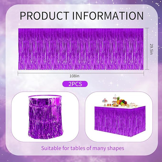 BEISHIDA 2 Pack Dark Purple Metallic Tinsel Foil Fringe Table Skirts for Rectangle and Round Tables - Birthday & Holiday Party Decorations