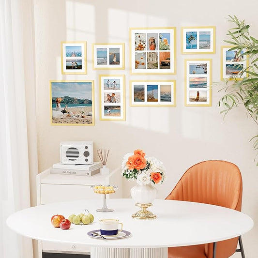 Vittanly 8x14 Picture Frames Collage, Displays 3Pcs 4x6 Pictures with Mat, Collage Picture Frame for Horizontal or Vertical Display, Gold, 1 Pack
