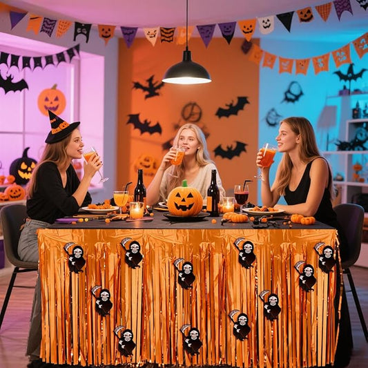 28x106 Inch Orange Sequin Tablecloth for Halloween Decorations, Metallic Tinsel Foil Fringe Table Skirt, Rectangle or Round Tables Decor, Table Cover, Skull Decorations for Halloween Party