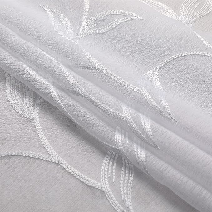 VISIONTEX White Sheer Voile Curtains, Decorative Leaves Embroidery Faux Linen Rod Pocket Window Drapes for Home Kitchen, Living Room and Bedroom 26 x 36 Inch, Set of 2 Curtain Panels