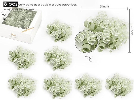 HUIHUANG Green Bows for Gift Wrapping Sage Green Gift Bows 5 inch x 8 Counts Self-Adhesive Curly Ribbon Bow for Presents, Paper Bag, Baby Shower Favors, Wrapping Accessories, Wedding Decor