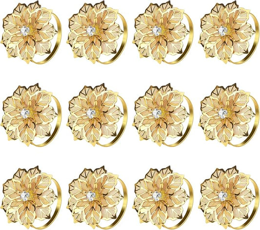 KPOSIYA Set of 20 Napkin Rings, Metal Gold Hollow Out Flower Napkin Ring Holder for Wedding Party Holiday Banquet Christmas Dinner Delicate Serviette Buckles Decor Favor (20, Flower-Gold)