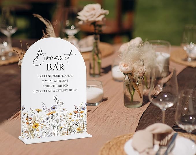 Wedding Signs for Ceremony and Reception, Boho Floral Acrylic Bouquet Bar Sign, Wedding Signage with Stand, Bridal Shower Table Centerpieces, Bouquet Bar Supplies for Engagement Reception Event, 24