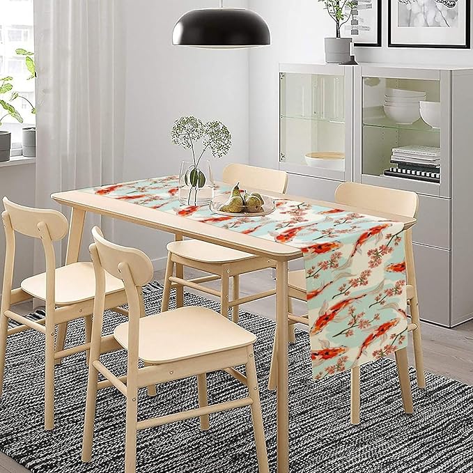 Japanese Kio Fish Table Runner Cherry Flower Art Printed Burlap Runner Home Kitchen Dining Table Living Room Decor Fabric 1 Panel W13xL60in