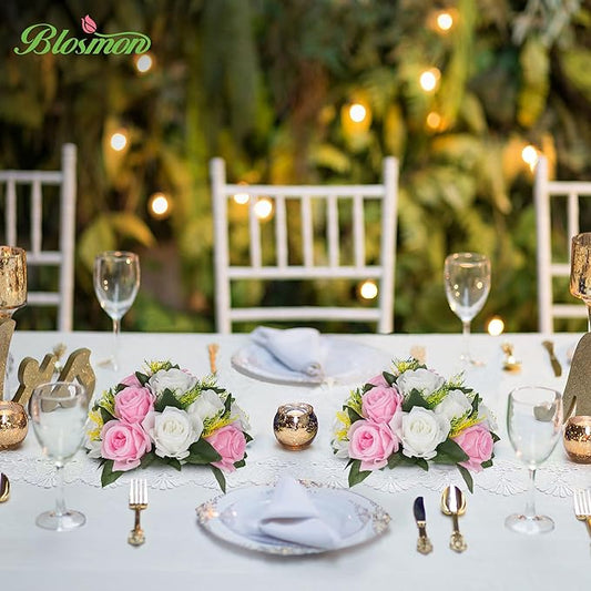 BLOSMON Flower Balls Rose Centerpieces: 10 Pcs Pink White Fake Flowers Kissing Balls Decor Artificial Wedding Floral Arrangements Silk Flower Bouquet with Base Home Party Room Table DIY Decorations