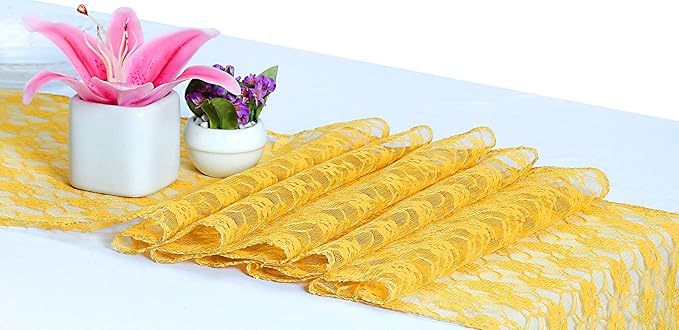 MDS Pack of 15 Wedding 12 x 108 inches Lace Table Runner for Wedding, Decorations for Birthday Parties, Banquets, Graduations, Engagements, and Runners fit Rectangle, Round Table- Yellow Gold